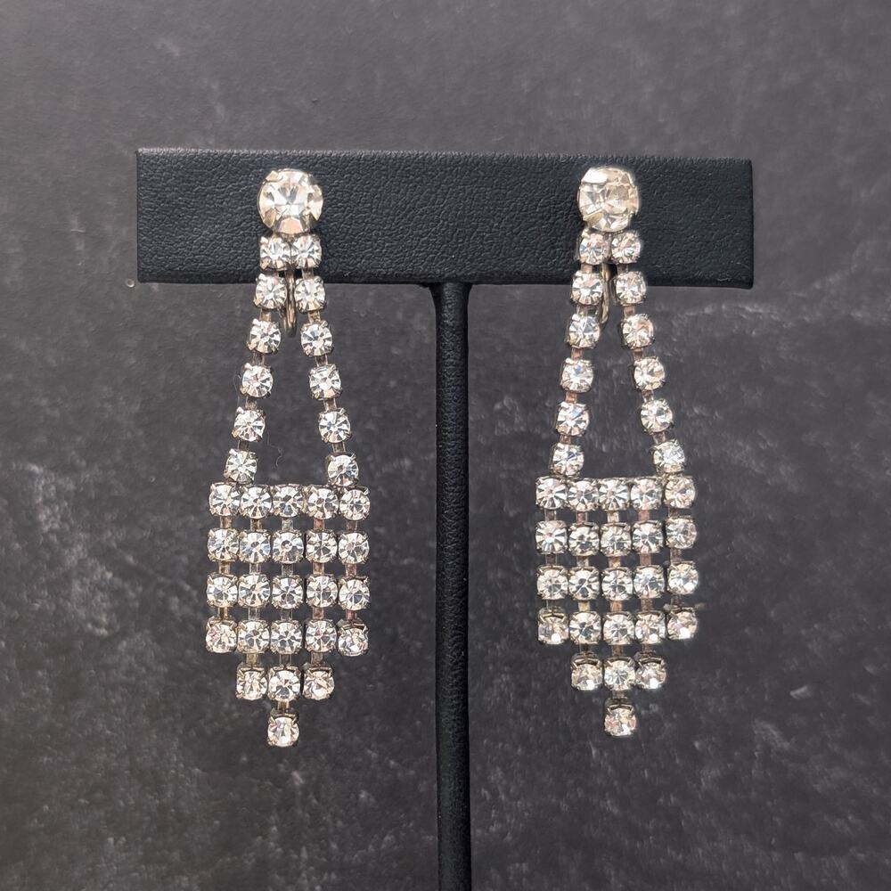 Vintage Clip On Earrings 2.25" Long Clear Gem Drop Dangle Regal Statement